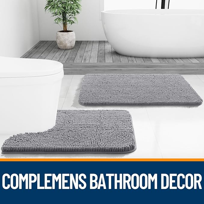 OLANLY Toilet Rugs U-Shaped 24x24, Extra Soft Absorbent Chenille Contour Bathroom Rugs for Toilet, Dry Quickly, Machine Washable, Non-Slip Bath Mat, Grey