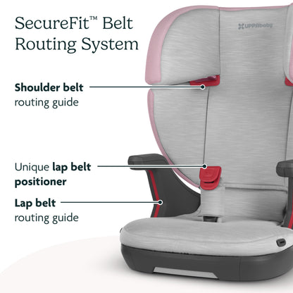 UPPAbaby Alta V2 High Back Booster Seat/Seven-Position, Active Support Headrest for Growing Children/SecureFit Integrated Belt Guide + Positioner/Cup Holder Included/Iris (Grey Mélange/Lavender)