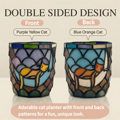 Entlityful Stained Glass Hanging Cat Planter Pot, Orange Sleeping Cat Small Hanging Plant Pots Indoor, Blue Moon Flower Pot Plant Gifts