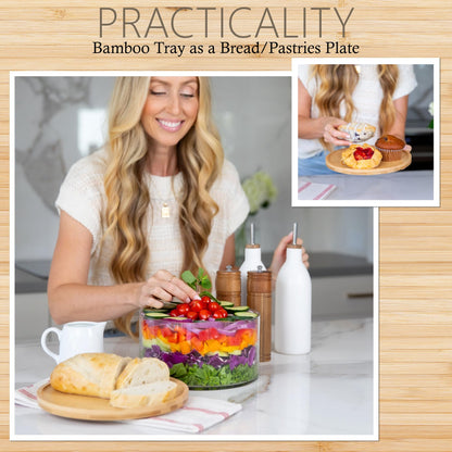 25DOL Extra Large 10 inch Clear Glass Salad Bowl Dish【Hand Blown】 Dual Function Bamboo Lid - Mixing Bowl for Salads, Dessert, Fruit, Punch - Centerpiece Large Serving Bowls - Airtight Lid