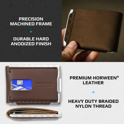 Trayvax Venture Billfold Wallet, Front Pocket Money and Credit Card Holder, Minimalist Slim Leather Metal Wallet for Men and Women, Frontier Brown Leather