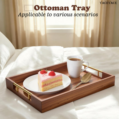 YACEYACE Wooden Serving Tray with Metal Handles, 14" x 9.8" x 1.7" Small Serving Tray for Kitchen Counter, Ottoman Coffee Table, Bathroom, Home Decor