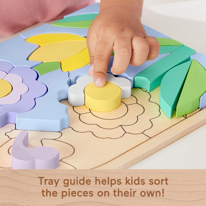 Fisher-Price Wood Preschool Toy Flower Puzzle Blocks, 38-Piece Wooden Stacking Set for Developmental Play Kids Ages 3+ Years