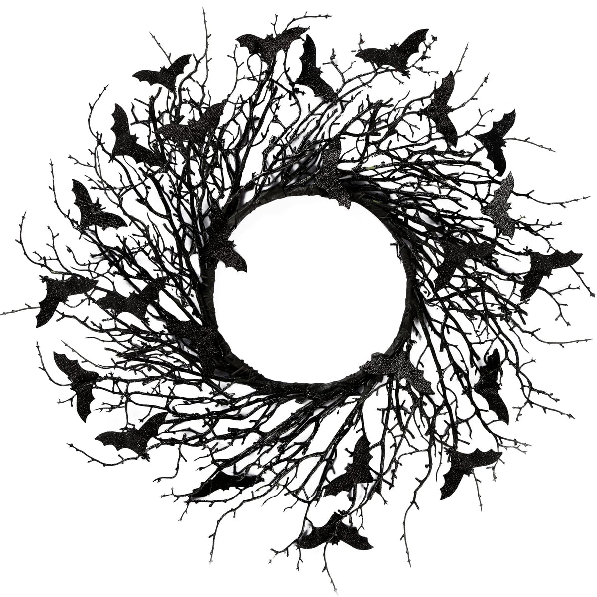 Sggvecsy 17.7"Artificial Black Twig Wreath with Glitter Bats - Handmade Sparkling Hanging Decorations for Front Door, Indoor/Outdoor Halloween Party