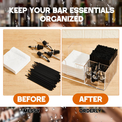 Mifoci 2 Pcs Bar Caddy with 6 Compartments, Bar Napkin Holder Organizer Cocktail Straws and Toothpicks Condiments for Home Office Kitchen Countertop, 9.5 L x 5.9 W(Acrylic)