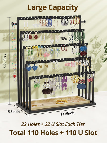 TIPSYTREE Earring Holder Organizer, 5-Tier Step Jewelry Display Stand with Metal Frame and Wooden Storage Organizer, Large Earring Holder for Studs, Hoops, Dangles, Modern Jewelry Organizer for Women