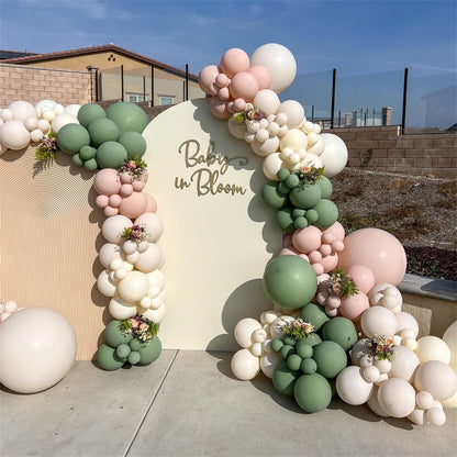 Baby in Bloom Balloon Arch Kit, 134Pcs Dusty Sage Green and Pastel Pale Pink Cream White Beige Light Gold Floral Balloon Garland for Girls Boho Baby Shower Flower Birthday Garden Tea Party Decorations