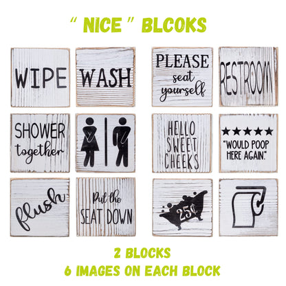 Liswit Farmhouse Funny Bathroom Decor Signs, 3 Wooden Blocks with Plant & Tray, Rustic Decoration for Bathroom Countertop