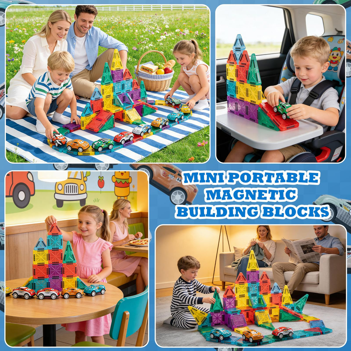 93 PCS Magnetic Tiles Mini Magnetic Building Tiles with Cars, Travel Magnetic Tiles with Storage Bag,STEM Toys for School Acitivities, Ideal Christmas Birthday Gifts for Boys Girls Age 3+ Years Old