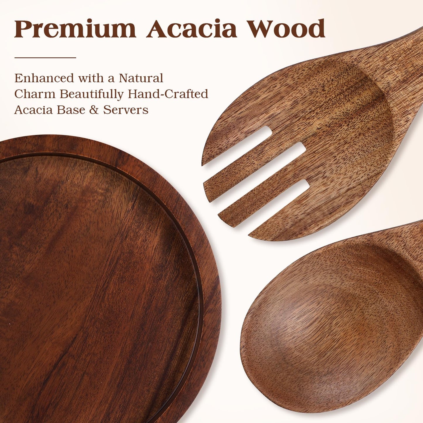 TITINICE 121oz Large Glass Salad Bowl Set with Acacia Wood Base, 3.8QT Clear Serving Bowl with Wooden Spoons, 3600ml Decorative Mixing Bowl for Fruit, Pasta, Party and Thanksgiving (Classic Smooth)