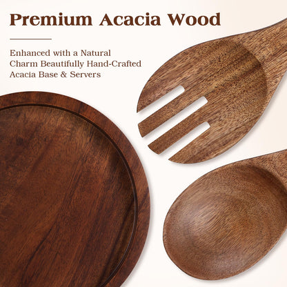 TITINICE 121oz Large Glass Salad Bowl Set with Acacia Wood Base, 3.8QT Clear Serving Bowl with Wooden Spoons, 3600ml Decorative Mixing Bowl for Fruit, Pasta, Party and Thanksgiving (Classic Smooth)