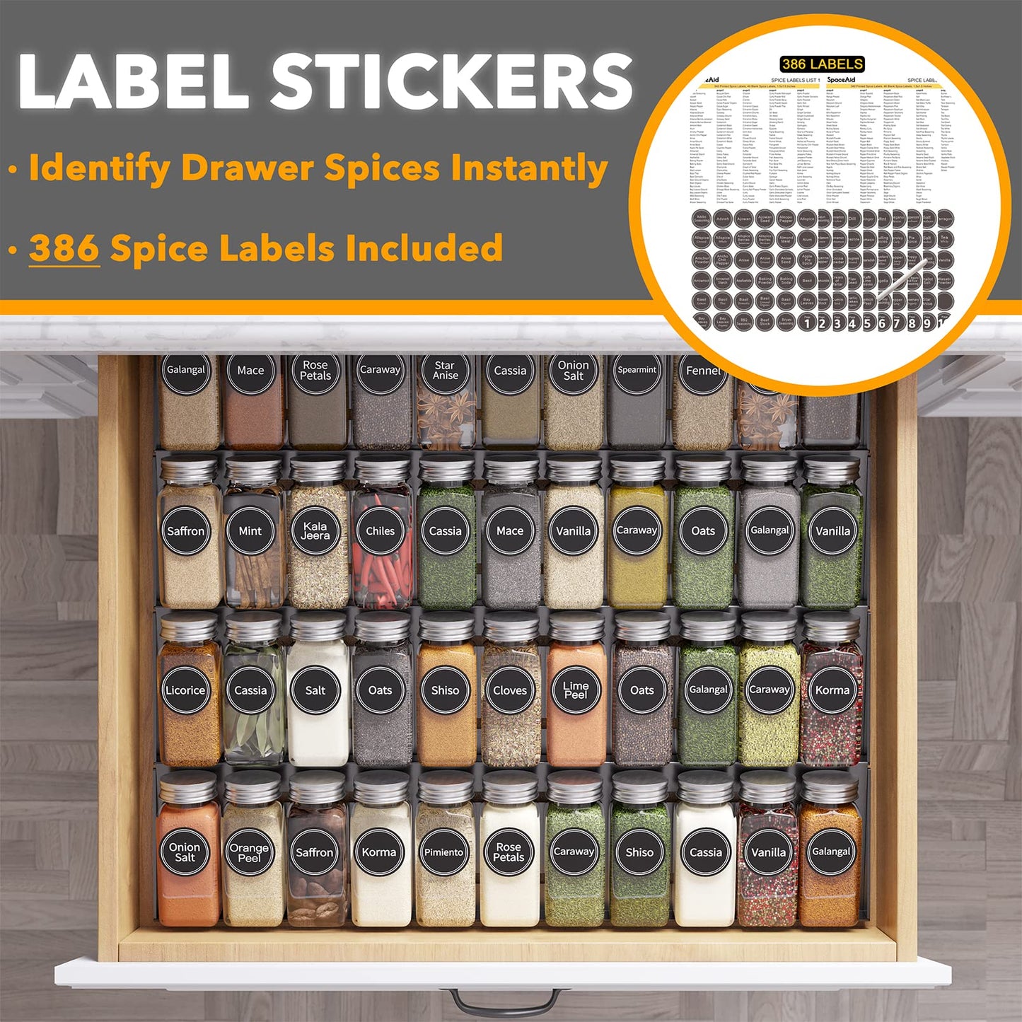 SpaceAid Spice Drawer Organizer with 28 Spice Jars, 386 Spice Labels, 4 Tier Seasoning Rack Tray Insert for Kitchen Drawers, 13" Wide x 17.5" Deep