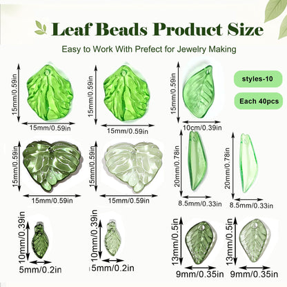 Green Acrylic Leaf Beads 400PCS – Transparent Leaf Charms for Jewelry Making, Acrylic Plant Beads for Earrings, Bracelets & Necklaces (Mixed Styles)