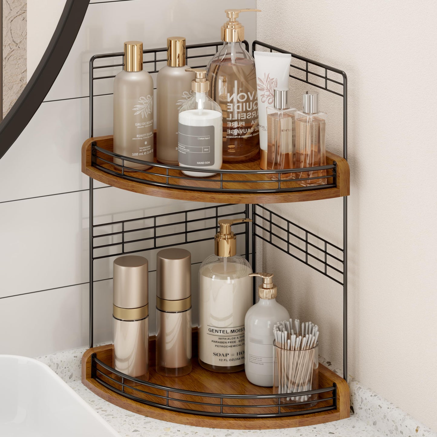 JNFUZ Bathroom Countertop Corner Organizer for Small Spaces – 2-Tier Counter Shelf for Sink & Vanity, Compact Vertical Storage for Toiletries (Walnut)
