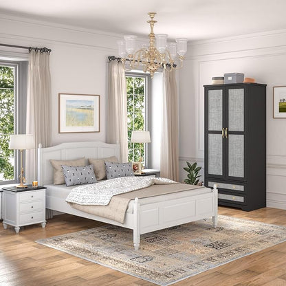 Brafab Armoire Wardrobe Closet with 2 Rattan Doors, 71" Black Farmhouse Tall Freestanding Coat Closet Wardrobe with Drawers and Hanging Rail, Wooden Armoire Storage Cabinet with Shelf for Bedroom