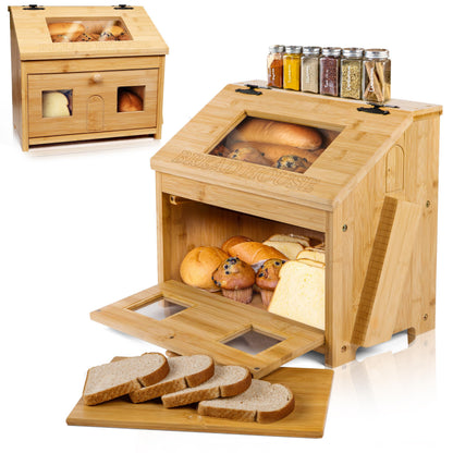 3J2 Discoveries Bread Box for Kitchen Countertop – Large Wooden Bamboo Bread Box with Cutting Board (SELF-ASSEMBLY)