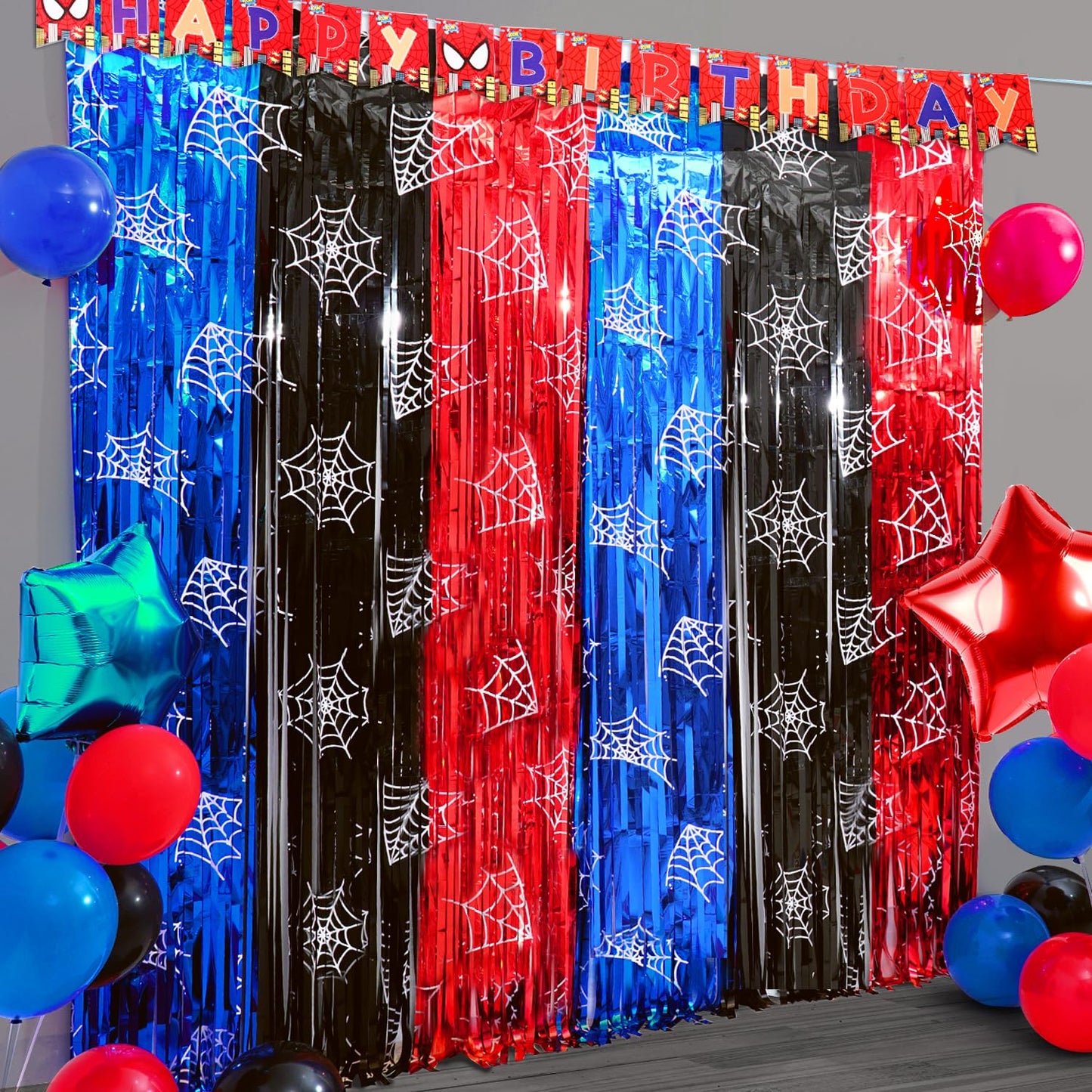 Spider Birthday Party Decoration, including 2Pack Spider-web Printing Foil Fringe Curtains, 1pack Spider Themed Birthday Banner & Balloons for Spide-party Photo Booth Props Streamers Backdrop Decor