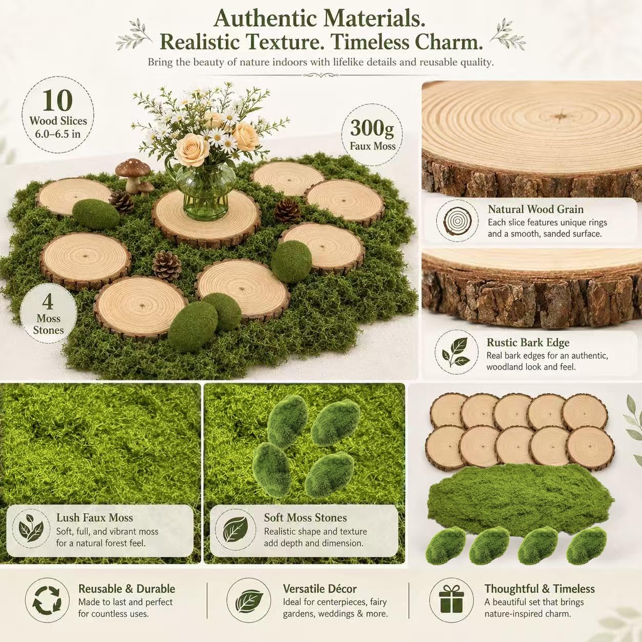 Fbidfoll 10 Wood Slices with Faux Moss, Moss Table Decor Centerpiece Kit