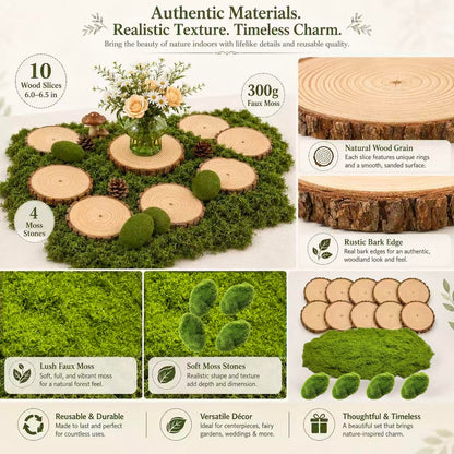 Fbidfoll 10 Wood Slices with Faux Moss, Moss Table Decor Centerpiece Kit