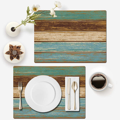 Mcalk Farmhouse Table Runner and Placemats Set of 6 Pieces, Teal and Brown Placemats Wooden Texture,Rectangle Cloth Place Mats Indoor for Kitchen,Washable Placemats Linen Material for Living Table