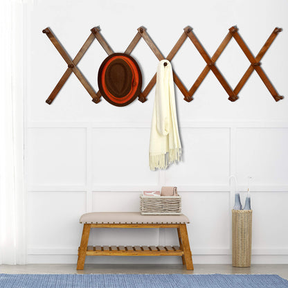 Dseap Accordian Wall Hanger: 16” High Wooden Wall Expandable Coat Rack, Hat Rack Holder, Accordion Hook for Baseball Caps, Coats, Mugs, 17 Peg Hooks, Brown