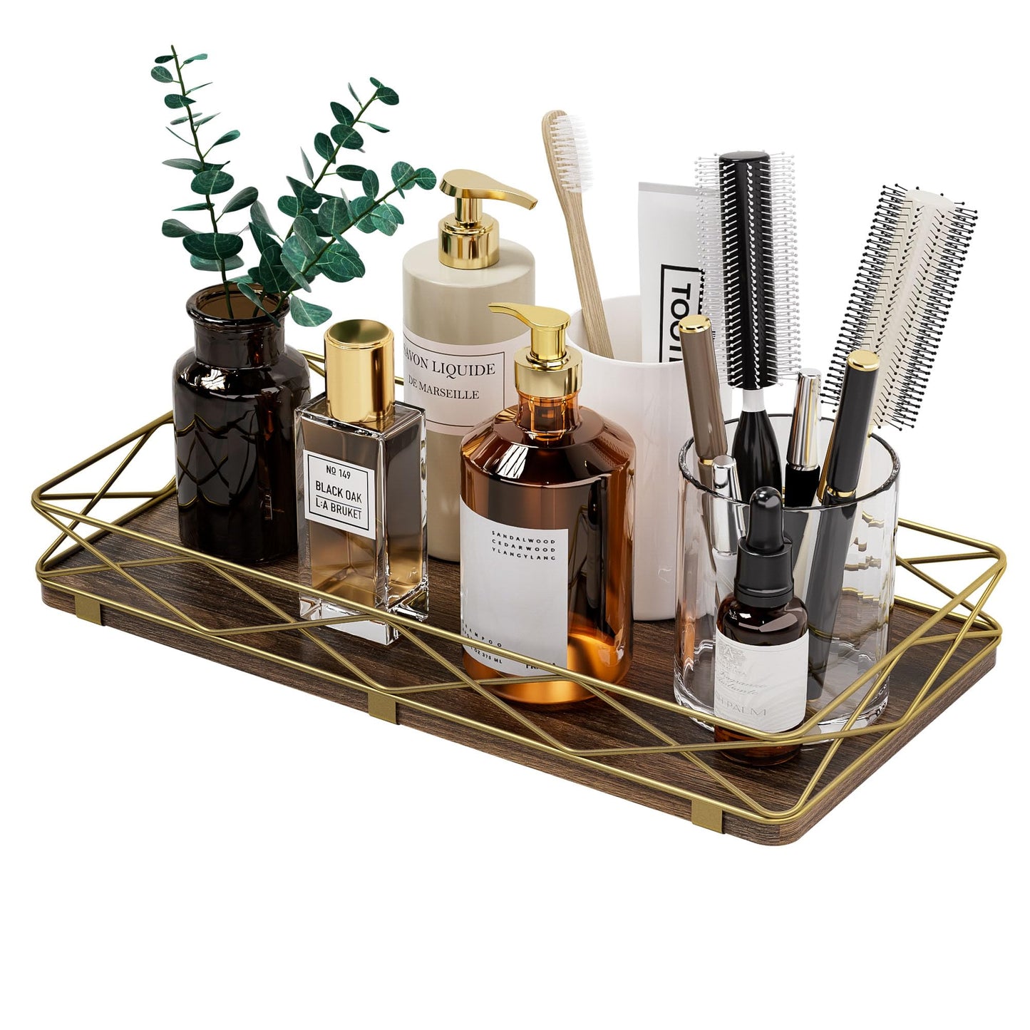Lixple Toilet Paper Basket Holder, 13" Toilet Tank Tray, Wood and Metal Toilet Tray Vanity Organizer Bathroom Tray, Kitchen Sink Organizer for Soap Dispenser (Brown+Gold)