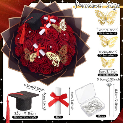 Gilprop 45 Pcs Graduation Flower Bouquet Kit Include 12 Butterfly Decorations 4 Mini Grad Cap 4 Certificate Scrolls Floral Tapes Wraps 25 Diamond 2026 Grad Party Decor Flower Bouquet Gift (Red)
