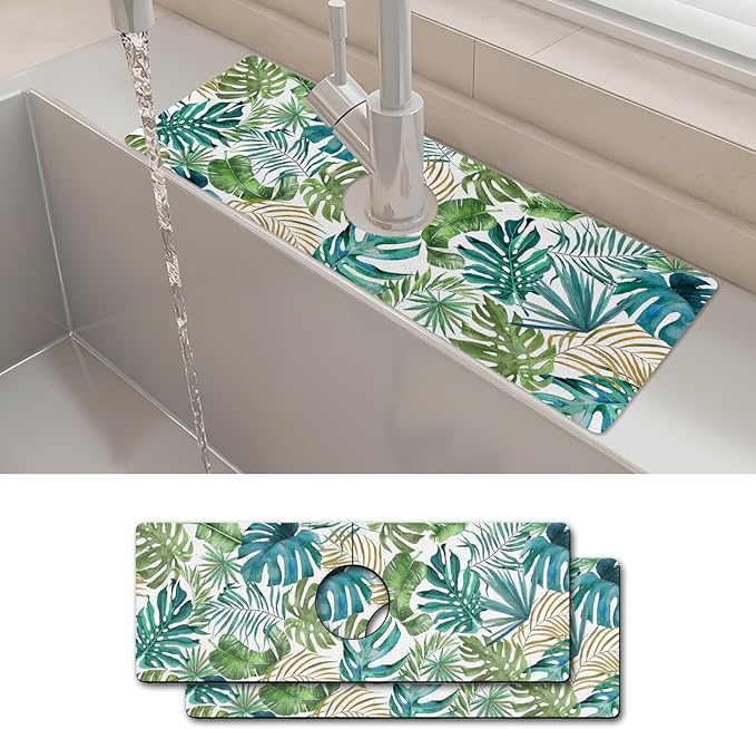 2PCS 15" X 5.5" Kitchen Sink Splash Guard Faucet Mat Leaf Super Absorbent Fast