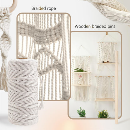 227pcs Macrame Kits 3mm 115yards Wall Hanging Natural Cotton Macrame Cord with Wooden Beads & Rings Wooden Sticks, Metal S-hooks Supplies for Hanging Plant Hand Tassel weaving