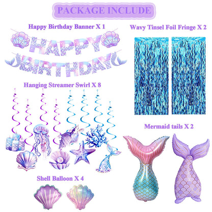 Mermaid Birthday Party Decorations, Under the Sea Party Supplies with Light Blue Wavy Tinsel Curtain, Happy Birthday Banner, Hanging Swirls,Shell Tail Foil Balloons for Girls Birthday