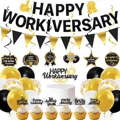 Roetyce Work Anniversary Party Decorations, Black Gold Happy Workiversary Banner Cake Topper Balloons Hanging Swirls, Work Anniversary Backdrop Background for Employee Coworker Office Party Supplies