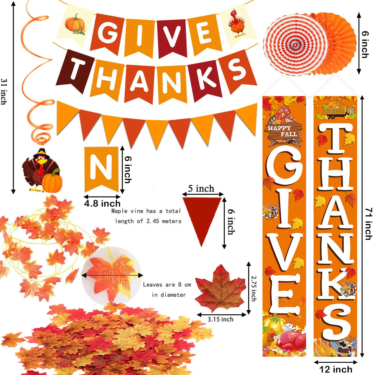 Famoby GIVE THANKS Hanging Banner Porch Sign Autumn Pumpkin Maple Leaf Backdrop Flag Banner Paper Fan&Swirls for Thanksgiving Party Decorations