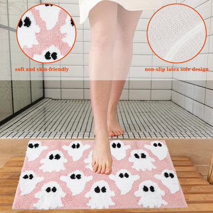 JarThenaAMCS Halloween Bathroom Rug Pink White Little Boo Bath Mat Non Slip Doormat Spooky Ghost Holiday Front Mat for Indoor Living Room Home Decoration