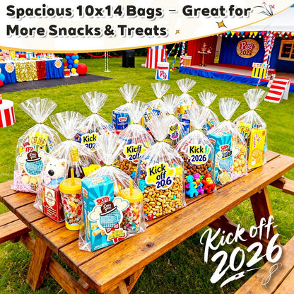 PigPotParty Cellophane Bags 10x14 Inch, 100 Pack Clear Plastic Gift Bags with Bottom Gusset for Stand-Up Display, Medium Cello Wrap for Large Goodies, Treats, Party Favors, Mugs, Includes 100 Ties