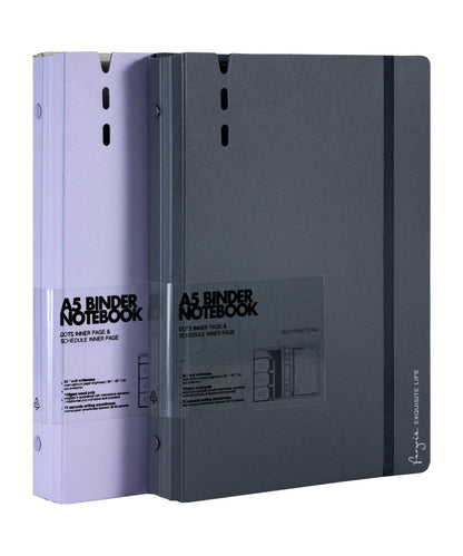 CAGIE A5 Binder 6 Ring Notebook with Dividers Refillable Planner Binder with Pockets, Refill Paper Include Planning Square Ruled and Dotted Pages, 6.89 x 9.25 in, (Grey and Purple, A5 Daily&Dot Page)