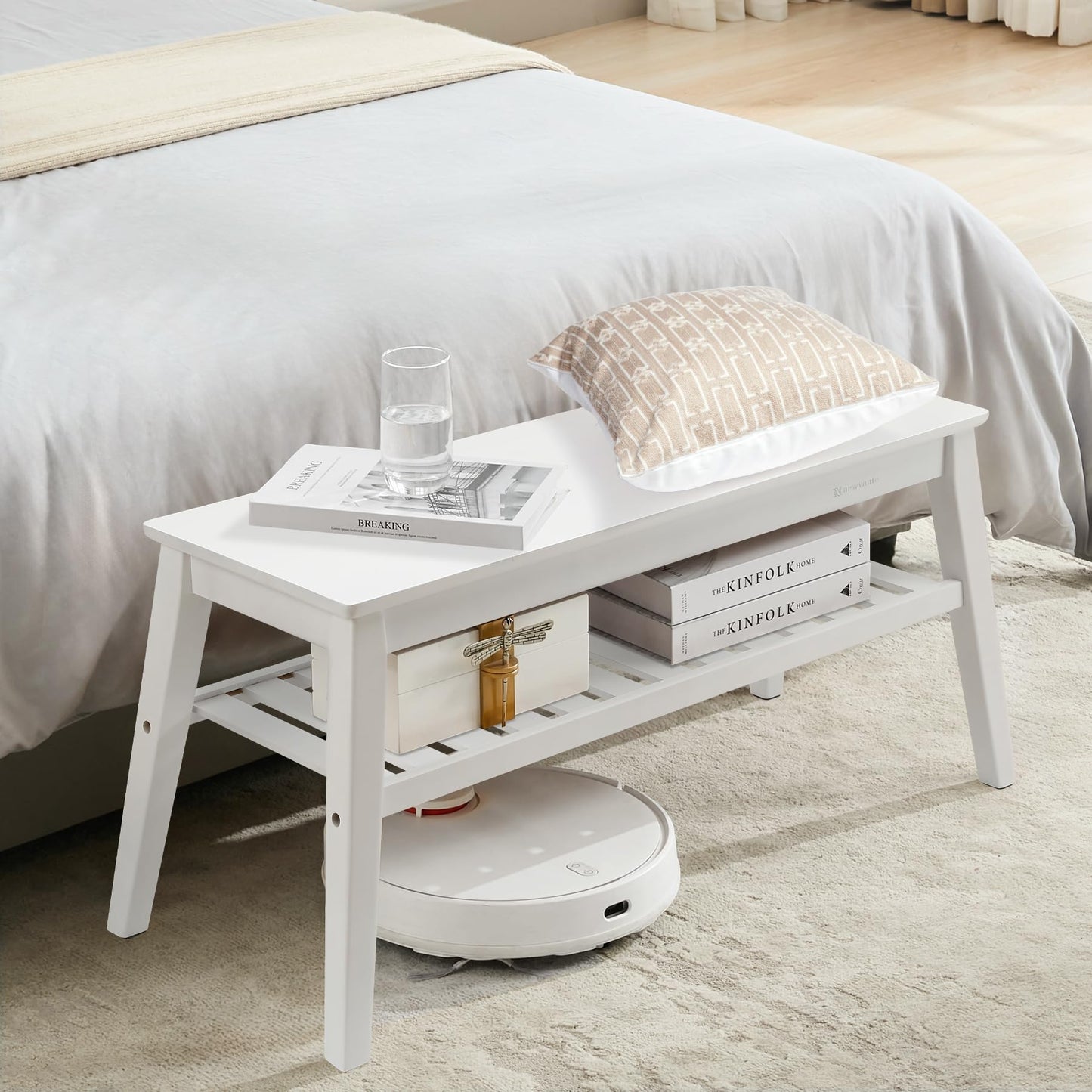 Nnewvante 33.46" White Storage Bench, Bamboo Entryway Bench for Hallway, Living Room, Bedroom, Wood Shoe Rack Wooden Outdoor Bench, Holds up to 300 lbs