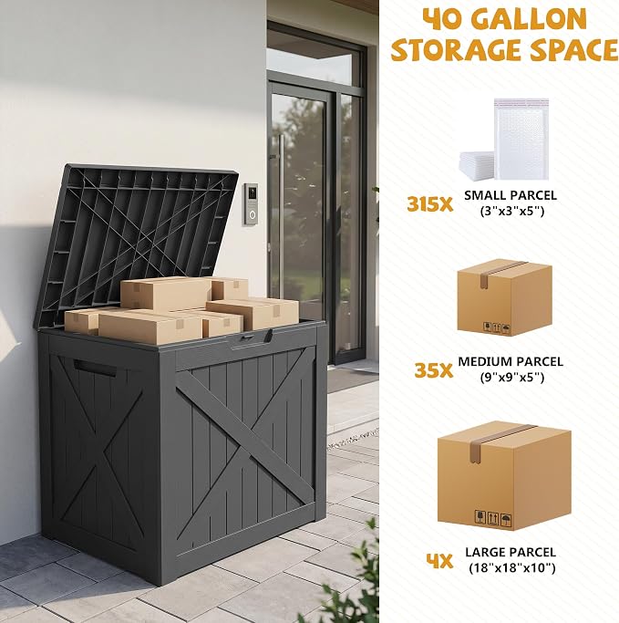 40 Gallon Package Delivery Boxes for Outside, Resin storage box with an X-shaped design, Storage Cabinet for Parcel Shipping & Storage
