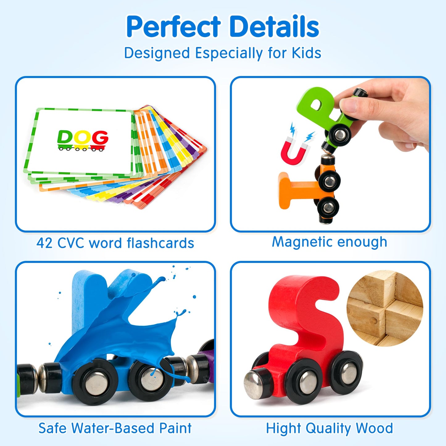Helsort 27 PCS Magnetic Wooden Alphabet Train Set, ABC Learning Toy with 42 Flash Cards, 1 Engine and Storage Bag, Educational Letter Toy Trains for Toddlers, Boys Girls, Ideal Gift for 3-7 Year Olds