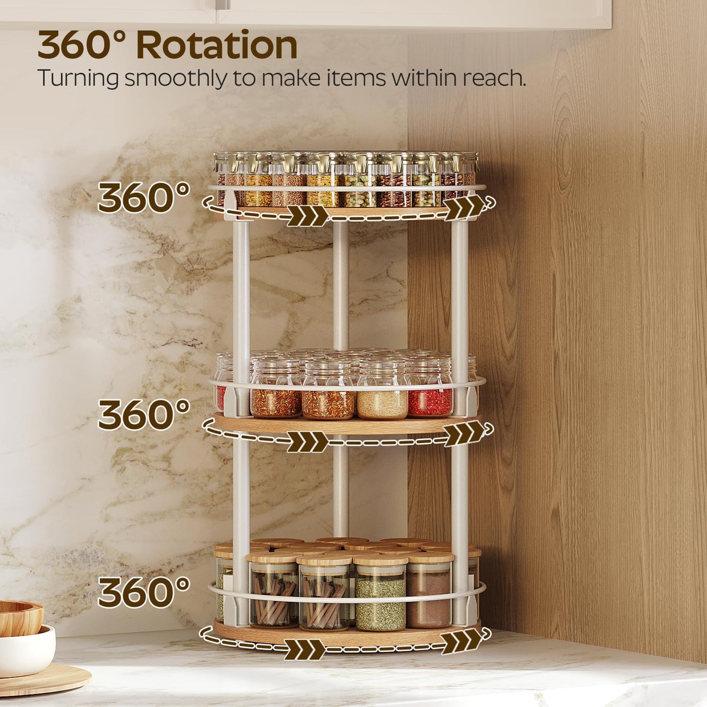 3-Tier Lazy Susan Organizer, Rotating Spice Rack, Spinning Organizer, Industrial Turntable Spice Rack Organizer for Cabinet, Kitchen Countertop, Pantry, Rustic Brown and Black SR23BR