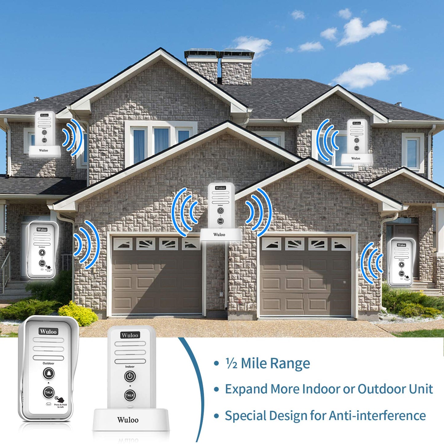 Wireless Intercom Doorbells for Home Classroom, Wuloo Waterproof Electronic Doorbell Chime with 2640 Feet Range 3 Volume Levels Rechargeable Battery (1&1-Black)