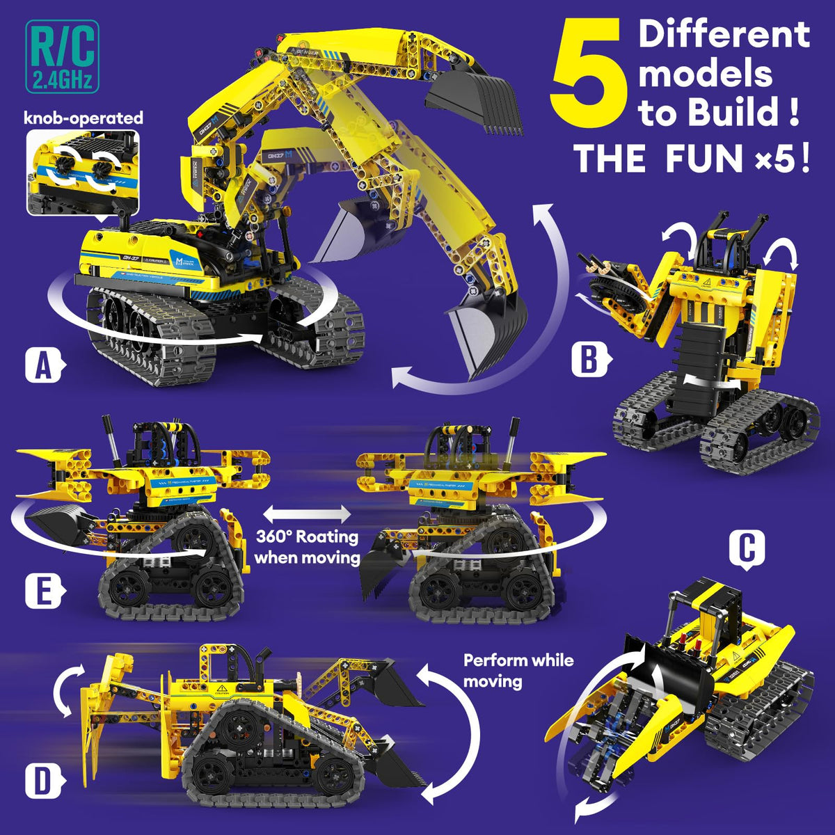 LECPOP 5 in 1 Building Toys STEM Robotics Kit, 430 PCS Blocks RC Robot Erector Sets, APP & Remote Control Excavator Science Kits for Kids Age 6 7 8 9 10 11 12-14, DIY Educational Gift for Boys & Girls