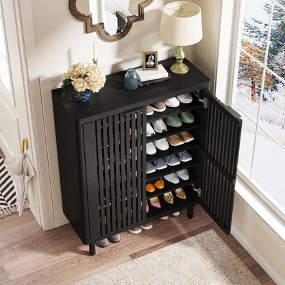 Tribesigns 6-Tier Shoe Cabinet with Louvered Doors, Large Wooden Shoe Storage Cabinet with Adjustable Shelves, Modern Freestanding Shoe Organizer Cabinet for Entryway, Hallway (Black)