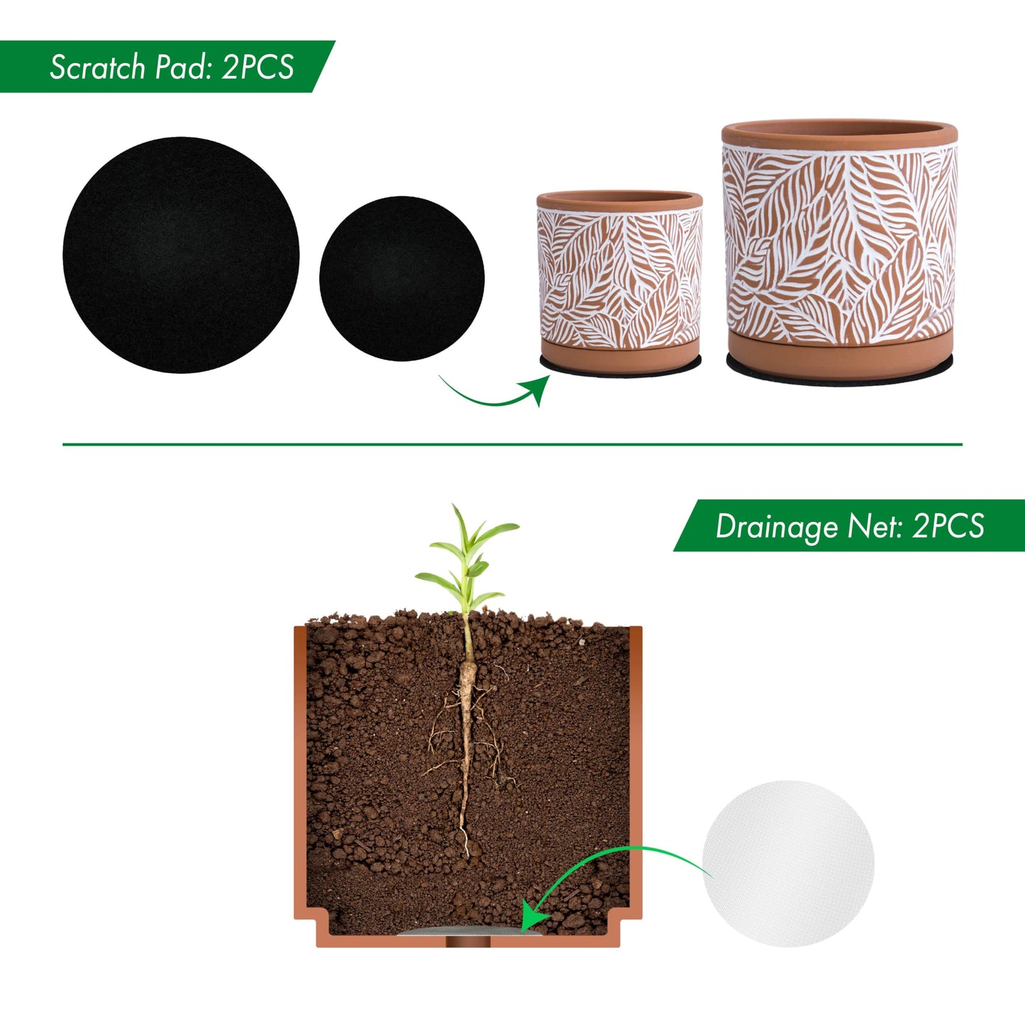 D'vine Dev Set of 2 Terracotta Pots, Leaf Pattern Planter Pot, 4 Inch and 6 Inch, Pot with Drainage Hole and Saucer, Terracotta/White, 31-958-T-1