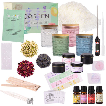 DARJEN Candle Making Kits for Adults - Candle Making Supplies with 4 Candle Jars(Clear, Pink, Blue, Green), Candle Tins, Soy Wax, Scents, Dried Flower & More, DIY Starter Candle Making Kit Home Decor