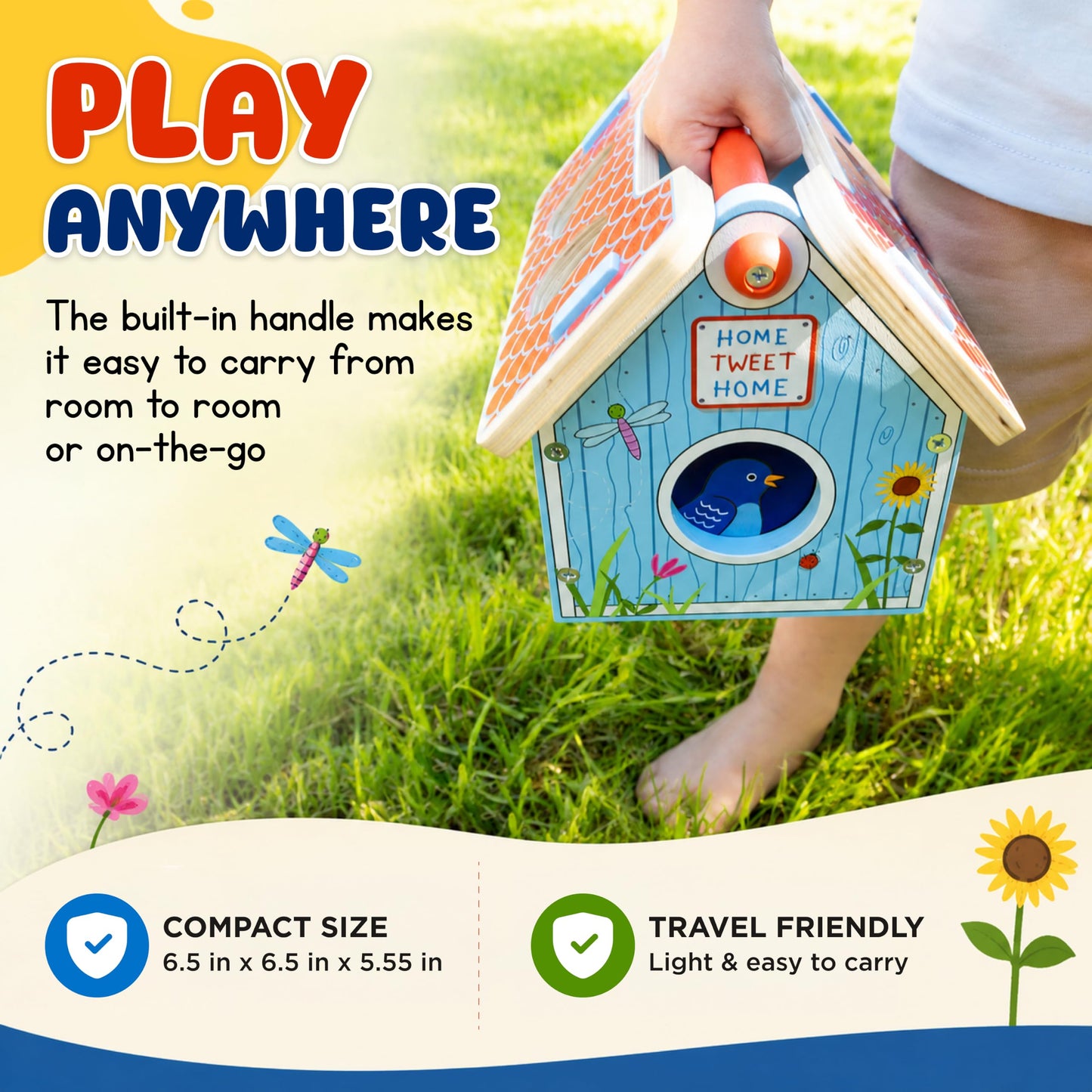 Jack Rabbit Creations Wooden Bird House Shape Sorter – Built-in Handle, Removable Roof – Non-Toxic, Certified Wood – Fine Motor Toddler Toy, Birthday Gift, Ages 18+ Months