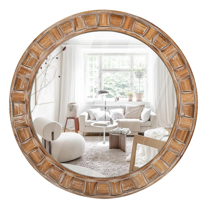 XGGJWW 30 Inch Brown Solid Wood Round Wall Mirrors, Decorative Circle Mirror for Bathroom, Bedroom, Living Room, Hallway, Foyer, Entryway