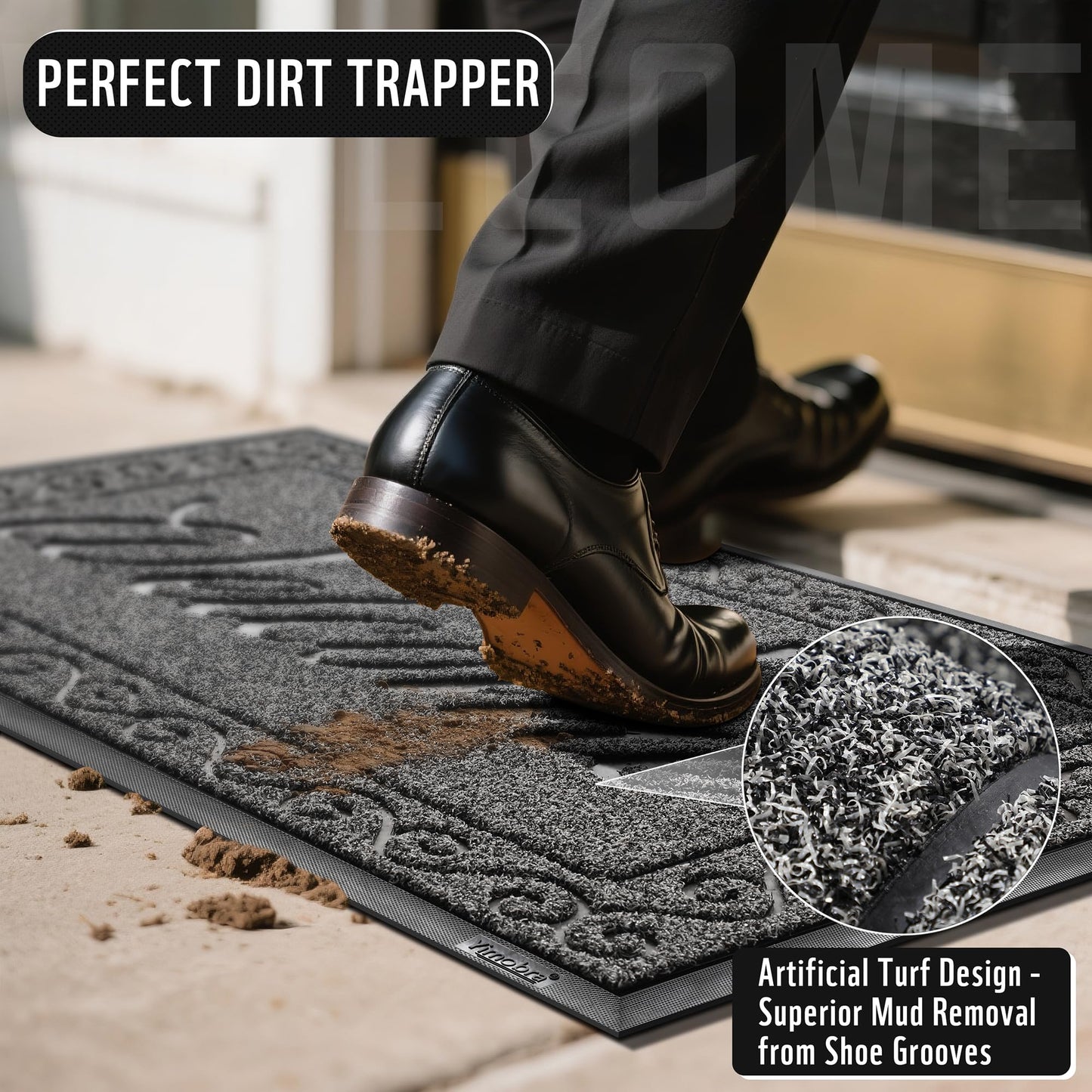 Yimobra Welcome Mat, Heavy Duty Sturdy Door Mats for Home Entrance Outdoor Indoor, Front Doormat for Outside Patio Floor Entry Porch Garage Office, Waterproof, Low Profile, 29.5x17, Black Grey