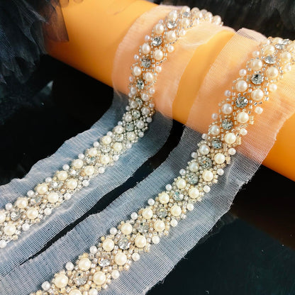 LDDGZS 2cm Woven Pearl Embroidery lace, Flash Diamond DIY Clothing Collar Sleeves Pearl Piping Decorative Strip, Dress, Fashion Clothing Decorative Accessories.(2yards) (White)