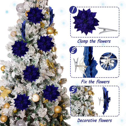 Cindeer 7 Pcs Christmas Poinsettia Artificial Flowers Christmas Poinsettia Ornaments Picks Blue Flowers Decoration for Xmas Tree DIY Wreaths Ornament Wedding Party, 9.8 Inch