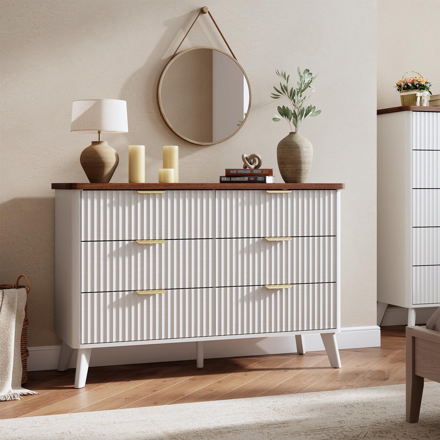 GarveeHome Fluted Dresser for Bedroom with 6 Deep Drawers, 47.2" Wide Modern Chest of Drawers, Wooden Dresser TV Stand, Curved Profile Design, for Living Room, Kids Room, Hallway, White